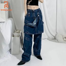 Women's Jeans BRIDGEWATER Streetwear Fashion Removable Autumn 2024 High Waist Letter Loose Straight Denim Pants Female Tide