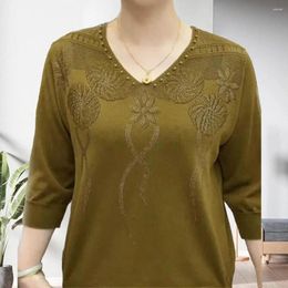 Women's Blouses Women Top V Neck Three Quarter Sleeve Casual Sweater Solid Color Elastic Knitted Pullver Cuff Mid-aged Mother Blouse