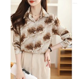 Women's Blouses Shirt Womens Tops Spring 2024 Vintage Office Lady Long Sleeve Loose Floral Print Single Breasted Turtleneck Women Shirts