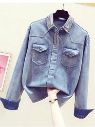 Women's Blouses Exquisite Rhinestone Button Up Denim Shirt For Women 2024 Spring Fashionable All-Match Long Sleeve Jean Blouse Ladies Top