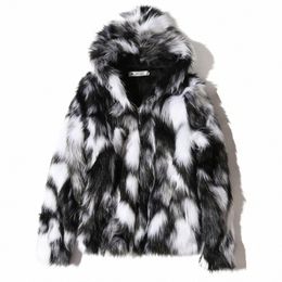2023 Winter Warm Plus Fleece Faux Fur Fox Fur Casual Mens Hooded Jacket Thick Boutique Fiable Male Slim Coats Size S-5XL 699E#
