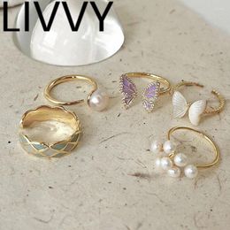 Cluster Rings LIVVY Silver Colour Fashion Design Creative Zircon Butterfly Pearl Wedding Bride Jewellery Gifts For Women