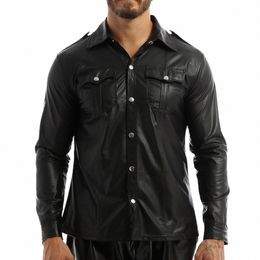 fi Nightclub Wear Men Men's Dr Shirts Trend Wet Look Patent Leather Lg Sleeve Slim Fit T-shirt Top Coat Cosplay J53z#