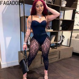 Women's Two Piece Pants FAGADOER Sexy Lace Perspective Skinny Sets Women Thin Strap Bodysuits Outfits Fashion Nightclub Clothing