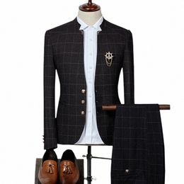 blazer+ Pants Fi Stand Collar Men's Plaid Suit Set English Slim Party Dr Groomsman Suit High End Plus Size 3XL Suits K2PG#