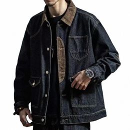 maschio Jean Cappotti Impiombato Nero Spalle Larghe Giacca di Jeans da Uomo Autunno Joker Fi Coreano Popolare Vestiti Allentati di Un Pezzo Indossato S5TA #