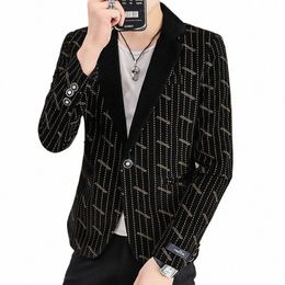 2023 Men's Autumn Thick Corduroy Colour Matching Collar Suit Jacket Youth Casual Cool Handsome Stripes Printed blazer N2zT#