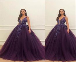 Sexy Dark Purple Grape Quinceanera Ball Gown Dresses Tulle Deep VNeck Sequins Sweet 16 Dress Sweep Train Custom Party Prom Evenin6017249