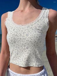 Women's Tanks Women Lace Trim Floral Tank Tops Summer Y2K Aesthetic Slim Fit Scoop Neck Sleeveless Crop Female Camis Vest Streetwear 00s