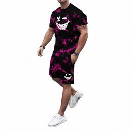 men's printed suit casual men's oversized T-shirt beach shorts sportswear round neck sportswear suit clothing K40O#