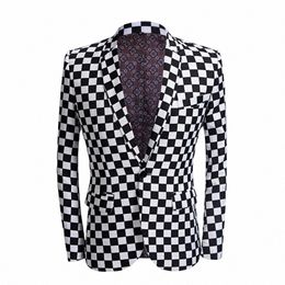 men's Black And White Chequered Printed Suit Men Slim Fit Suit Set Blazers Singer Costume Mariage Casual Night Party Bar Coat 27YM#