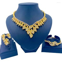 Necklace Earrings Set Italian Gold Plated For Women Leaf Bracelet Ring Crystal Wedding Fashion Jewellery