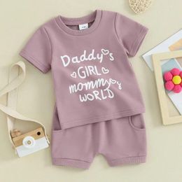 Clothing Sets Toddler Girl Shorts Set Letter Heart Print Short Sleeve Round Neck T-Shirt With Solid Colour 2 Pcs Outfit