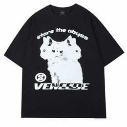 summer Men Cott T-Shirt Fi Tops Tees Male Casual Clothing Short Sleeve Streetwear Cats Stare The Abyss Graphic T-shirt v7w2#