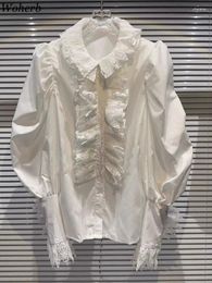 Women's Blouses Elegant For Women Patchwork Lace Fashion Puff Sleeve Shirts 2024 Blusas Mujer De Moda Loose Ruffles White Blouse Tops
