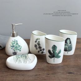 Sets Nordic Green Plants Ceramic Bathroom Products Wedding Bath Set Ceramic Bathroom Accessories Melamine Tray Christmas