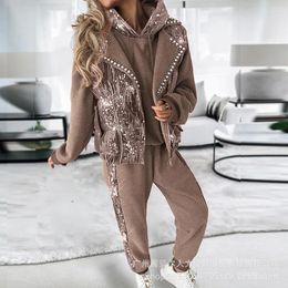 Women's Two Piece Pants Women Hooded Pullover Tops Zipper Vest Coat Mid Waist Pencil Trousers Suit 2024 Autumn Winter Sequin Stitching 3 Set