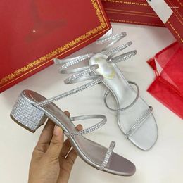 Dress Shoes 2024 Summer Water Diamond Snake Sandals Women's Thick Heel Versatile Open Toe Roman Wrapped Fairy Style High Heels