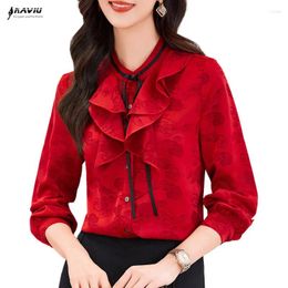 Women's Blouses NAVIU Korean Versatile 2024 Spring Women Red Print Stand Collar Long Sleeve Shirt Fashion Ruffle Temperament Tops Green