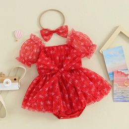 Clothing Sets Born Baby Girl 4th Of July Clothes Star Print Romper Dress Puff Sleeve Mesh Tulle Bodysuit With Headband