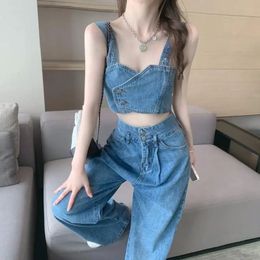 High Street Style Denim Suit Womens Denim Sets Autumn Short Camisole Tops Wide Leg Pants Two Piece Sets240327