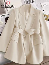 Women Blazer with Belt in Outerwears Offcie Ladies Long Sleeve Tops Casual Coats Oversized Jacket for Elegant Clothing 240318