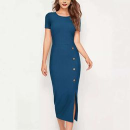 2024 American Sexy Hot Slim Fit Women's Boutique High Waist Round Neck Short Sleeve Button Dress 503957