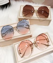 Fashion Tea Gradient Sunglasses Women Ocean Water Cut Trimmed Lens Metal Curved Temples Sun Glasses Female UV4004417724