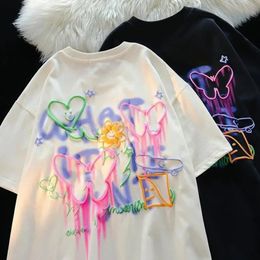 2024 American Sweet Cool Graffiti Butterfly Aesthetics Sleeping in Harajuku Extra Large T-shirt Street Clothing Retro T-shirt 240327