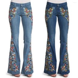 Women's Jeans Women Retro Floral Embroidered Denim Flare Pants Distressed Straight Plus Size Trousers Elegant Palazzo Wide Leg