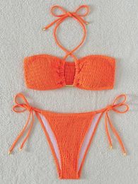 Women's Swimwear Halter Tie Side Pleated Smocked Bikini Women Bandeau Swimsuit Female Two Pieces Set Bathing Suit Swim Beach Wear