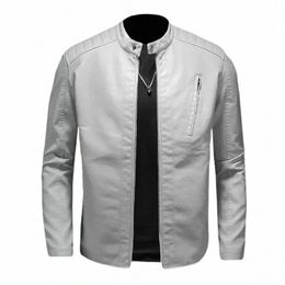 spring Autumn Men's Motorcycle Leather Jacket Stand Collar Solid White Jackets Trend Windproof Streetwear Faux Leather Outwear T9jm#