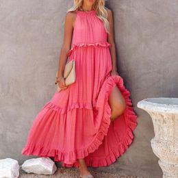 Casual Dresses Summer Boho Maxi Dress Women Vacation Halter Sleeveless Tiered Beach Loose Swing Smocked Ruffle Sundress
