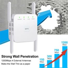 2024 AC1200M Dual Frequency Repeater Wireless Signal Amplifier 5G High Power Wall Extender AP Transmitter White