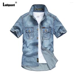 Men's Casual Shirts Plus Size Mens Stand Pockets Demin Blouse 2024 Short Sleeve Vintage Tops Men Street Jean Shirt Clothing 5XL