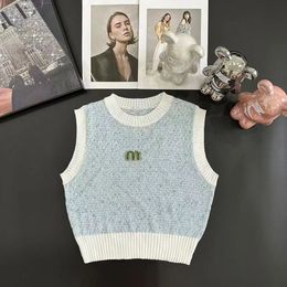 Women Colour block knitted rhinestone beading letter embroidery tanks desinger vest camis