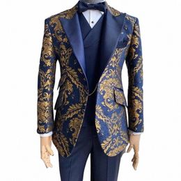 jacquard Tuxedo Suits for Men Wedding Slim Fit Navy Blue Gold Jacquard Groom Gentleman Jacket with Vest Pant 3 Piece In Stock x5jh#