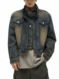 vintage Denim Jacket Man Woman Short Zipper Single Breasted Cowboy Crop Coats Blue Wed Stand Collar Unisex Jeans Outerwear m0jg#