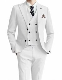 2024 Solid White Men's Suit Formal Wedding Groomman Tuxedo Double Breasted Elegant Slim Fit Blazer 3 Piece Set Vestido De Novia 532A#