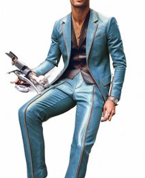 men Suit Slim Fit Blazer & Pants 2Pcs Set Ctrast Trim Notch Lapel PU Leather Jacket Male Busin Casual Prom Suit Moto style l8yA#