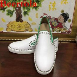 Casual Shoes Leather Men's Rivets White Flats Men Green Rim Slip On Loafers Autumn Spikes Chic Leisure For