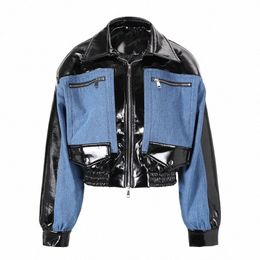 iefb Denim Patchwork Leather Jackets Trend Men's Fi Silhouette Short Windbreake Korean Style Luxury Casual Pu Coat CPG0512 81QF#