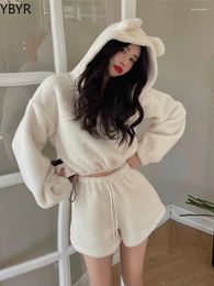 Women's Tracksuits Autumn Winter Women Kawaii Shorts Set Soft Plush Bear Ears Hooded Sweatshirt High Waist Suit Girls Hoodies 2 Piece Sets