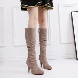 Dance Shoes Woman Beige Flock Long Tube Zip Boots High Heels Suede Rubber Sandals Girls Salsa Jazz Latino Dancing Shoes7.5-11cm