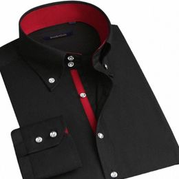 mens Lg Sleeve Dr Shirt Butt-down Collared Formal Busin Casual Shirt Korean Fi Slim Fit Designer Shirts Black Red l9Y0#