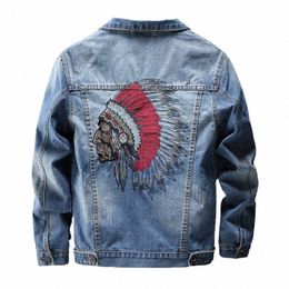 indian Chief Embroidery Denim Jackets Men, Retro Blue Streetwear, Ripped Slim Coat, Casual Motorcycle Outwear, Spring and Autumn W7Ra#