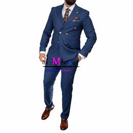 dark Blue Stripe Suits For Men Double Breasted 2 Pieces Jacket Pant Groom Wedding Tuxedo Male Busin Blazer Sets Costume Homme t1PA#