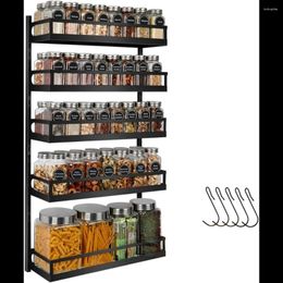 Kitchen Storage Wall Mount Spice Rack Organiser 5 Tier Height-Adjustable Pantry Cabinet Door Dual-Use Seasoning Holder With Hooks