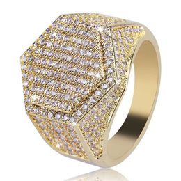 18K Gold & White Gold Iced Out CZ Zircon Pentagon Ring Band Mens Hip Hop Wedding Ring Full Diamond Rapper Jewelry Gifts for Men Wh262s
