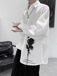 Ink Rose Print Shirt Mens Long-sleeved Hong Kong Style Japanese Korean Trend Loose Handsome Blouse Gothic Casual Streetwear Top 240315